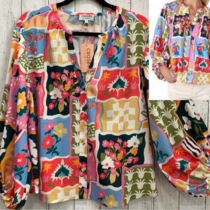 CROSBY by Mollie Burch Livie Top Blouse M Seedlings Print V- Neck 3/4 Sleeve NWT